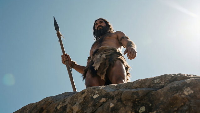 Majestic primitive man stands strong on a rocky cliff, holding a spear under a bright sun flare. This powerful image evokes ancient survival and history