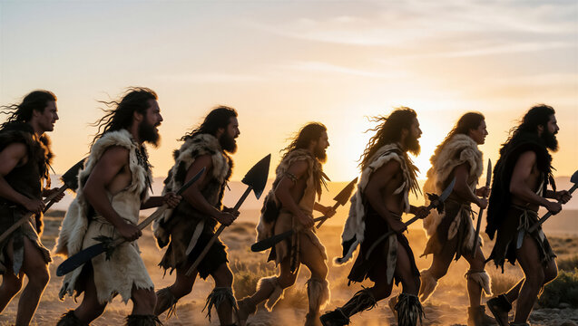 Prehistoric caveman tribe running with spear weapon at sunset. Primitive hunter group clad in animal fur pelt moving across a dusty desert landscape