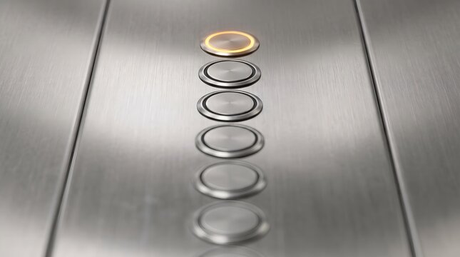Modern Stainless Steel Elevator Control Panel Featuring a Single Illuminated Floor Selection Button in a Brushed Metal Interior Setting