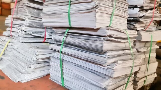 Stacks of old used paper and documents tightly bundled with colorful plastic strings ready for recycling.