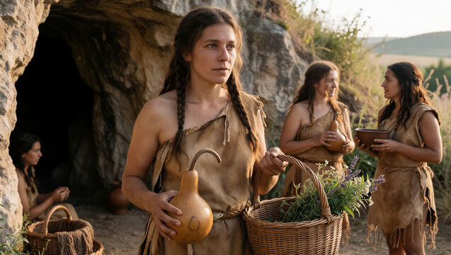 A prehistoric woman in primitive attire carries a basket of herbs from a cave dwelling. This scene illustrates ancient human survival