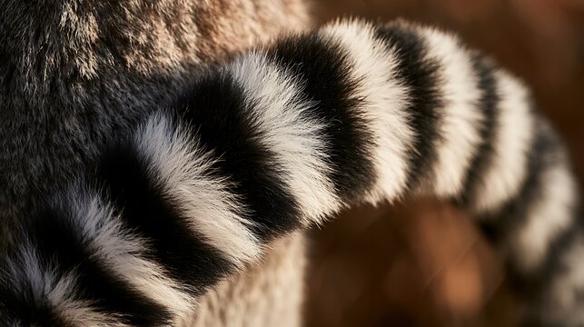 Close up of a ring tailed lemur tail with black and white fur pattern.
