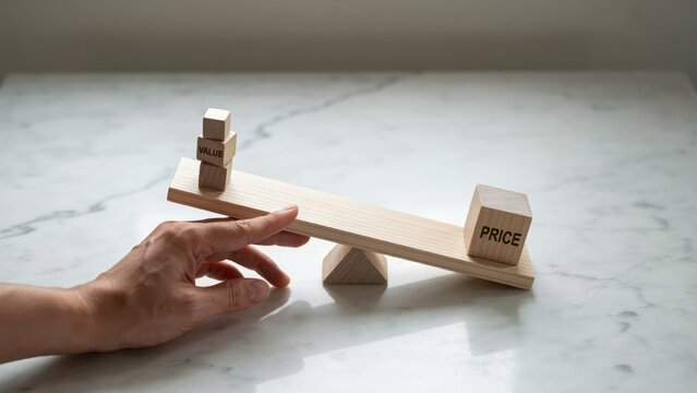 Hand adjusts a wooden seesaw with 'Value' blocks on one side and 'Price' on the other. Concept for cost-benefit analysis.