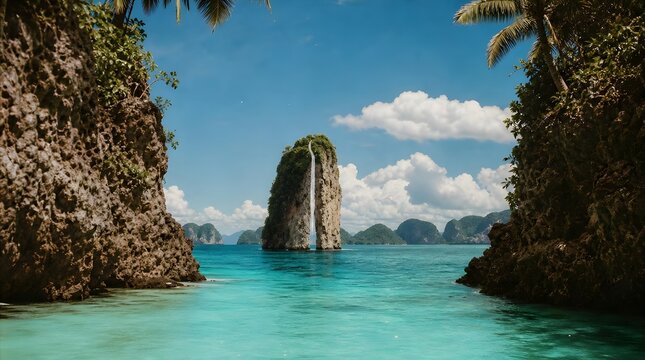 Tall limestone island with waterfall cascading into turquoise ocean framed by rocky cliffs and palm trees 3d illustration