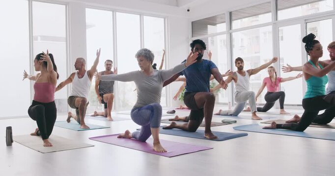 Stretching, yoga and workout with people in class for holistic health, flexibility and fitness. Pilates, exercise and healing with group of friends in studio for breathing, zen and wellness balance