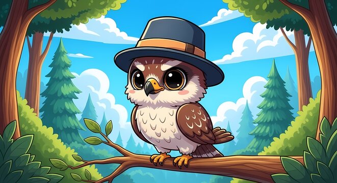 Adorable Little Cartoon Owl Wearing Stylish Hat Perched Tree Branch Forest
