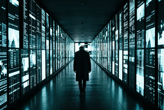 Lone figure walking a corridor of glowing screens, digital overload concept
