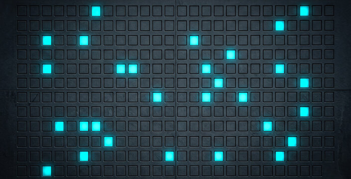 Dark grid of cells with scattered glowing squares, calendar year concept