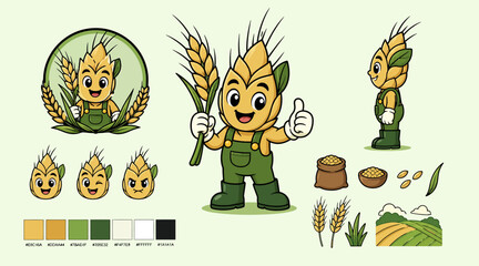 Fototapeta premium Friendly wheat grain farmer cartoon mascot character set.