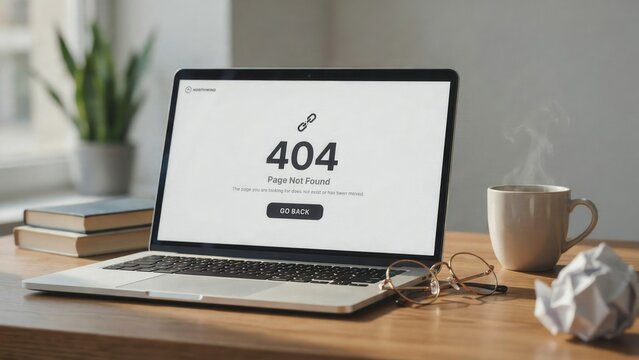 A laptop screen displays a 404 error page on a wooden desk. This image represents website technical issues and internet connectivity problems for digital business concepts.
