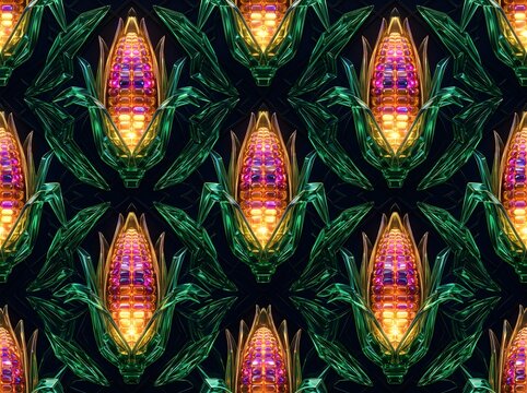 Seamless pattern of glowing crystalline corn cobs on dark background