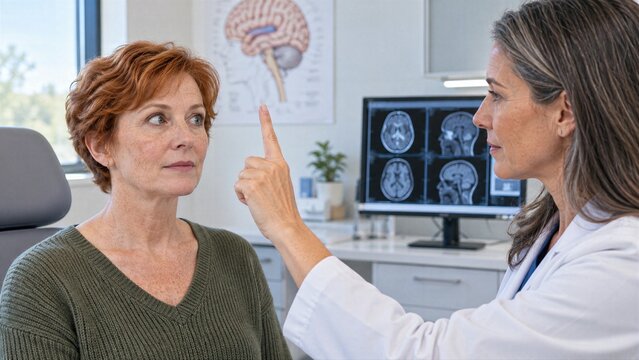 Mature patient follows examination target during neurology visit, creating clear concept for migraine assessment, visual symptoms and midlife women health.