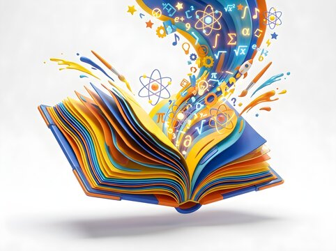 Open book releasing colorful educational symbols