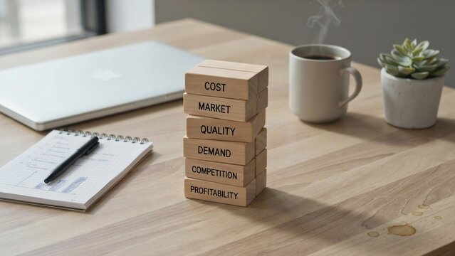 Wooden blocks stack with business terms on a desk. Professional planning and corporate strategy concept for management and financial success.