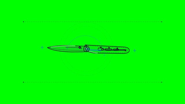 Animated blueprint of folding pocket knife opening on green screen