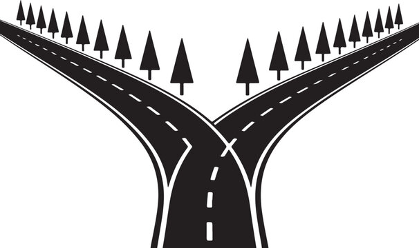 A diverging road splits into two paths lined with silhouetted trees