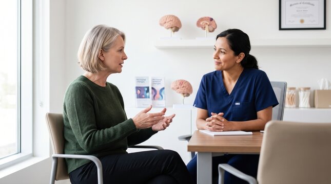 Female doctor listens as mature patient describes cognitive symptoms, linking menopause brain fog, memory support and professional healthcare guidance.