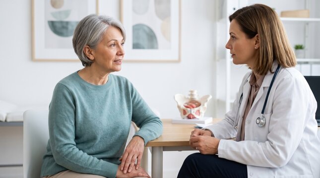 Female doctor listens as mature patient describes vaginal dryness, creating clear concept for menopause symptoms and sensitive women health care.
