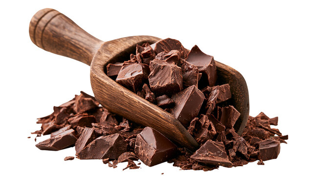 Dark chocolate chunks in a rustic wooden scoop
