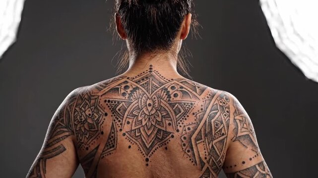 Woman displaying an intricate geometric back tattoo in a studio, with full shoulder and arm designs shown through a three-frame sequence
