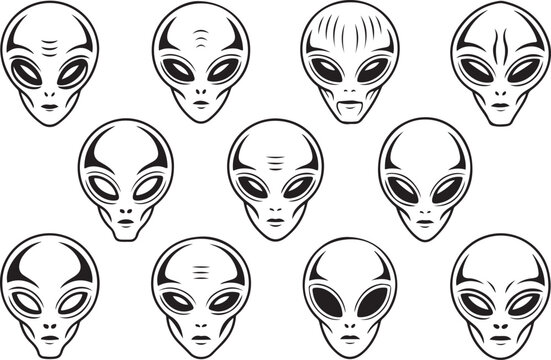 Alien head silhouettes collection a black vector graphic arrangement