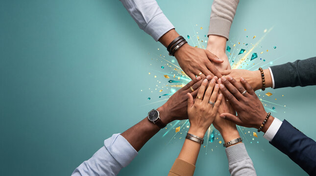 Diverse team stacking hands together in unity with sparkling festive elements