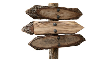 Three rustic wooden arrow signs attached to a weathered timber post with bolts © Elowen