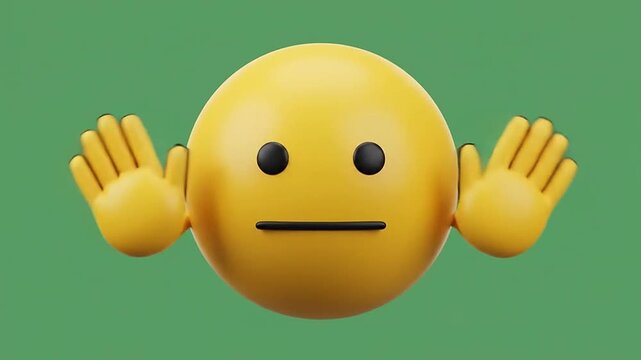 3d emoticon with neutral expression and raised hands on green
