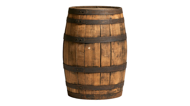 Rustic wooden barrel with weathered planks and dark metal iron hoops
