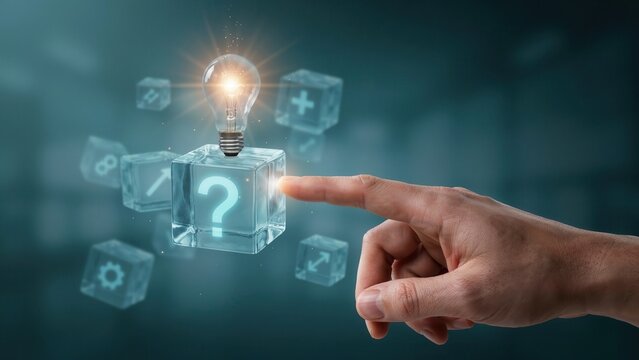 Finger touching a glowing light bulb atop a question mark cube. This represents problem solving and innovative business technology.
