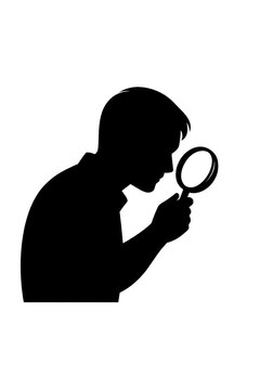Silhouette of a man investigating with a magnifying glass, looking for clues in a mysterious case.