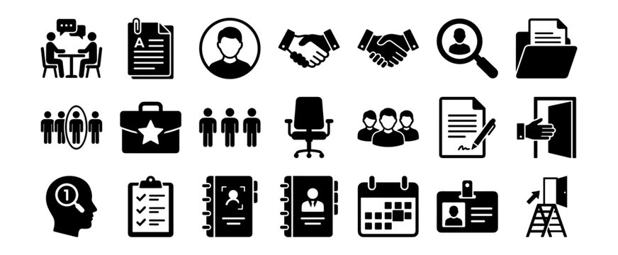 Business and office icon set with people, handshake, documents, and calendar on transparent background