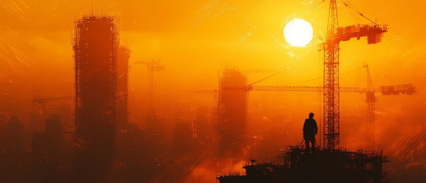 A silhouetted figure stands on a construction site against a bright orange sunset background with cranes and buildings.