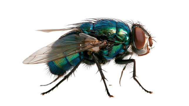 Metallic green bottle fly with iridescent wings and hairy body profile view