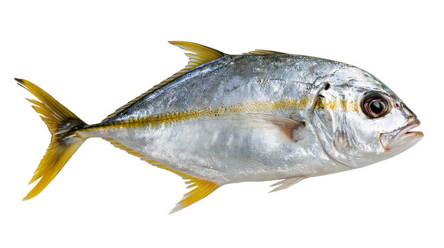 Silver trevally fish with yellow fins and lateral stripe