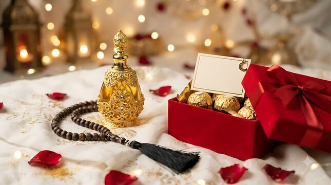 Luxury gift box with chocolates and perfume bottle on white fabric