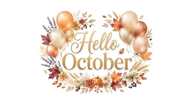 Hello october autumn fall theme with pumpkins balloons and leaves