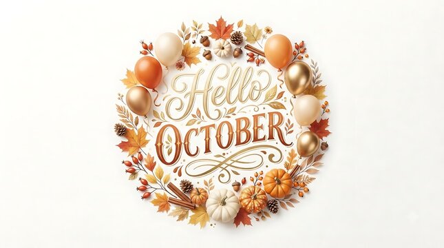 Hello october autumn fall theme with pumpkins balloons and leaves