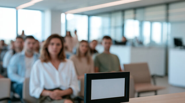 People waiting for service in a modern notary office with sharp queue display