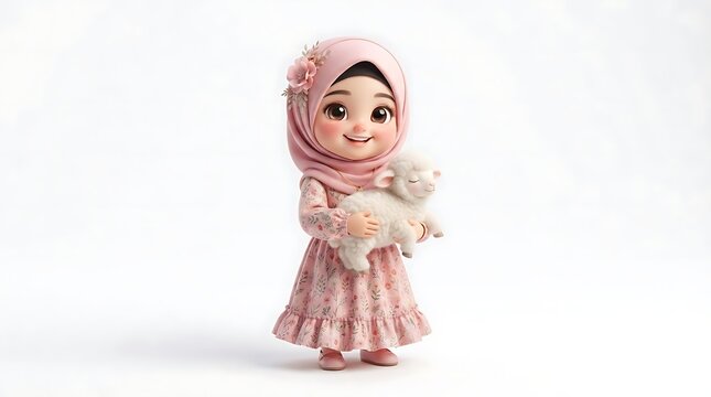 Cute cartoon girl in pink hijab holding a lamb isolated on white background