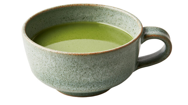 Green matcha tea in a rustic textured ceramic cup
