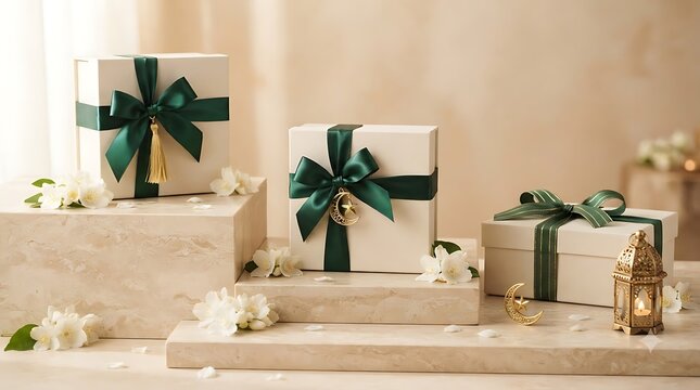 Elegant gift boxes with green ribbons and moon ornaments