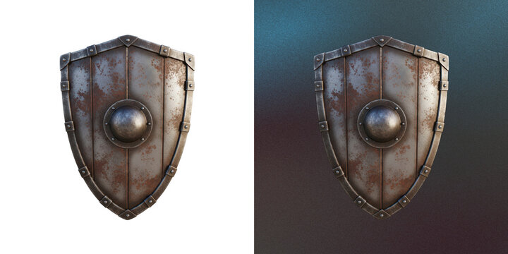 Rustic metal shield with aged surface rivets for medieval game design.