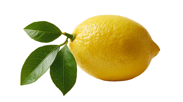 Fresh whole yellow lemon with three green leaves attached to the stem