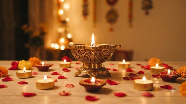 Traditional brass oil lamp diya with flowers and candles