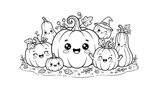Cute cartoon pumpkins with happy faces isolated on white background