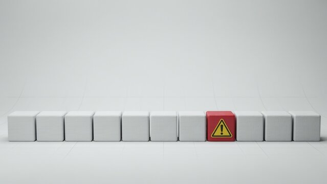 A red cube with a yellow warning triangle stands out among white cubes. This represents a risk management or quality control business concept.