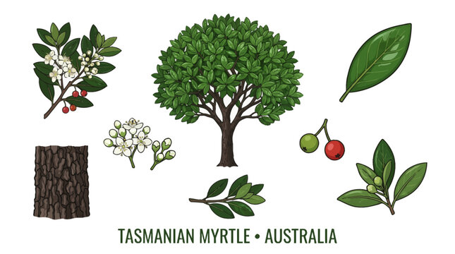 Very beautiful realistic vector botanical set of a TASMANIAN MYRTLE TREE with full tree, glossy leaves, delicate white flowers, small berry-like fruits, flower buds, textured rainforest bark and branc