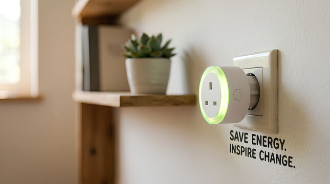 White smart plug with glowing green light ring in wall socket next to Save Energy Inspire Change text in a modern home interior with a wooden shelf and succulent plant.