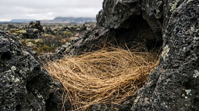 Dry tussock grass nest built in rugged volcanic rock crevice with natural texture
